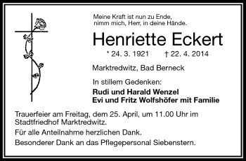 Traueranzeige von Henriette Eckert von Frankenpost