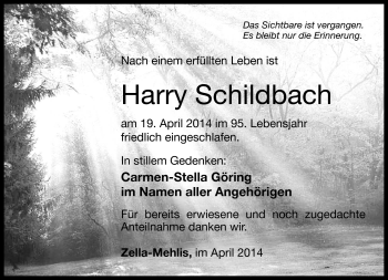 Traueranzeige von Harry Schildbach von Südthüringer Presse