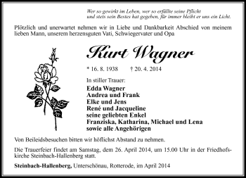 Traueranzeige von Kurt Wagner von Südthüringer Presse