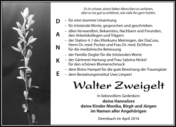Traueranzeige von Walter Zweigelt von Südthüringer Presse