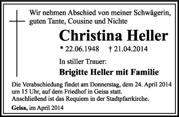 Traueranzeige von Chrstina Heller von Südthüringer Presse