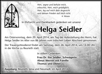 Traueranzeige von Helga Seidler von Südthüringer Presse