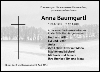 Traueranzeige von Anna Baumgartl von Neue Presse Coburg
