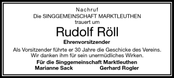 Traueranzeige von Rudolf Röll von Frankenpost