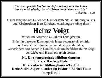 Traueranzeige von Heinz Voigt von Südthüringer Presse