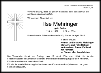 Traueranzeige von Ilse Mehringer von Frankenpost