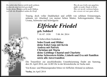 Traueranzeige von Elfriede Friedel von Südthüringer Presse