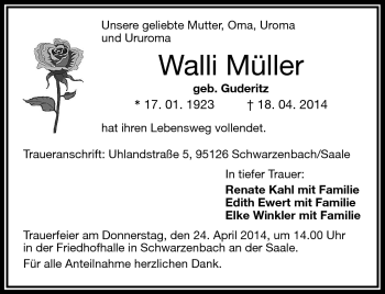 Traueranzeige von Walli Müller von Frankenpost