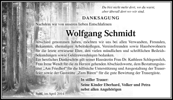 Traueranzeige von Wolfgang Schmidt von Südthüringer Presse