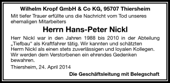 Traueranzeige von Hans-Peter Nickl von Frankenpost