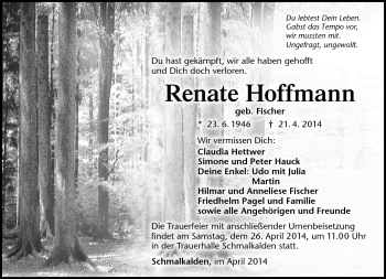 Traueranzeige von Renate Hoffmann von Südthüringer Presse