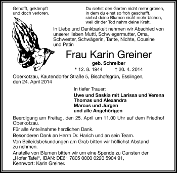 Traueranzeige von Karin Greiner von Frankenpost