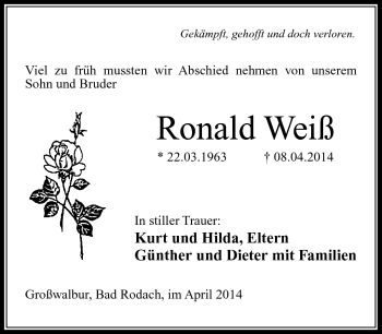 Traueranzeige von Ronald Weiß von Neue Presse Coburg
