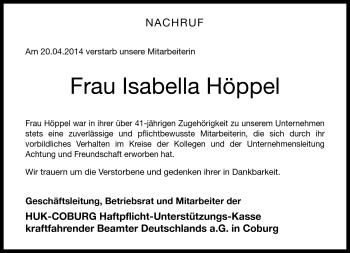Traueranzeige von Isabella Höppel von Neue Presse Coburg
