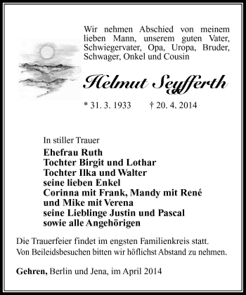 Traueranzeige von Helmut Seyfferth von Südthüringer Presse