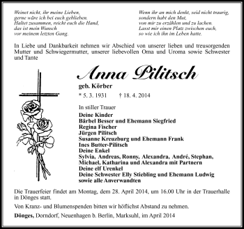 Traueranzeige von Anna Pilitsch von Südthüringer Presse