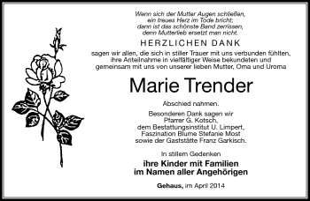 Traueranzeige von Marie Trender von Südthüringer Presse