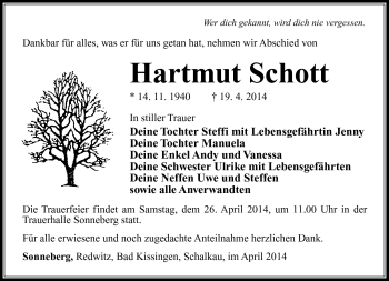 Traueranzeige von Hartmut Schott von Südthüringer Presse