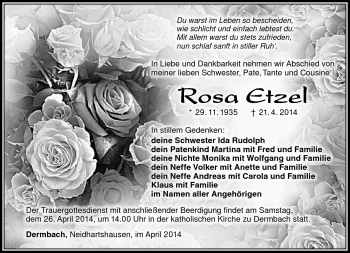 Traueranzeige von Rosa Etzel von Südthüringer Presse