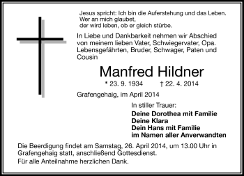 Traueranzeige von Manfred Hildner von Frankenpost
