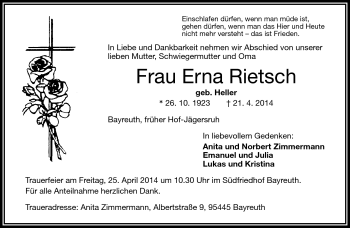 Traueranzeige von Erna Rietsch von Frankenpost