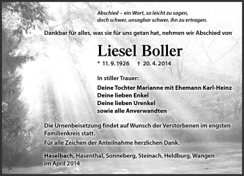 Traueranzeige von Liesel Boller von Südthüringer Presse