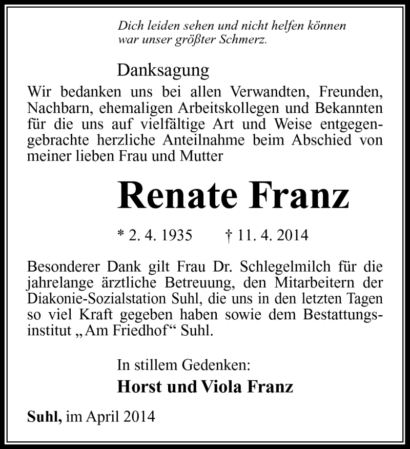  Traueranzeige für renate Franz vom 26.04.2014 aus Südthüringer Presse