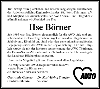 Traueranzeige von Ilse Börner von Südthüringer Presse
