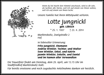 Traueranzeige von Lotte Jungnickl von Frankenpost