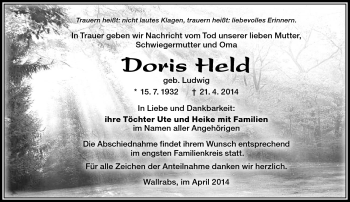 Traueranzeige von Doris Held von Südthüringer Presse