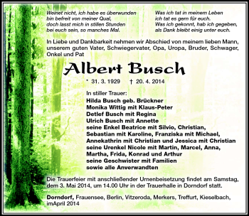 Traueranzeige von Albert Busch von Südthüringer Presse