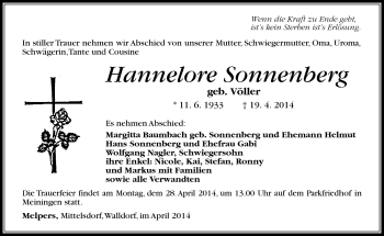 Traueranzeige von Hannelore Sonnenburg von Südthüringer Presse