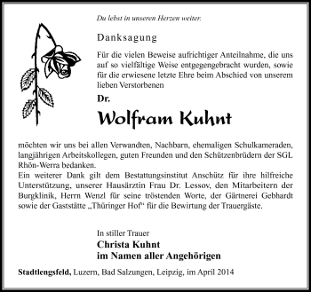 Traueranzeige von Wolfram Kuhnt von Südthüringer Presse