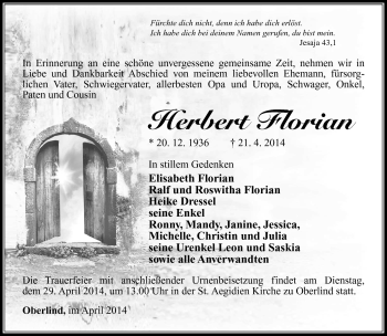 Traueranzeige von Herbert Florian von Südthüringer Presse