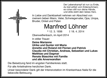 Traueranzeige von Manfred Löhner von Frankenpost