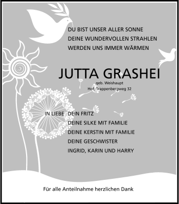 Traueranzeige von Jutta Grashei von Frankenpost