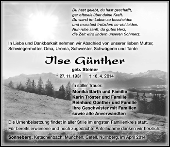 Traueranzeige von Ilse Günther von Südthüringer Presse