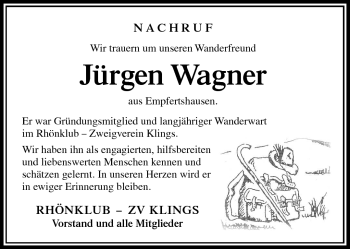 Traueranzeige von Jürgen Wagner von Südthüringer Presse