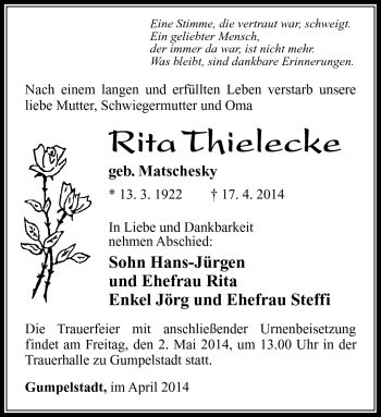 Traueranzeige von Rita Thielecke von Südthüringer Presse