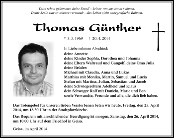 Traueranzeige von Thomas Günther von Südthüringer Presse
