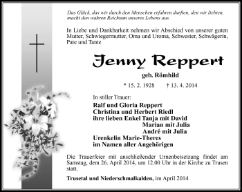 Traueranzeige von Jenny Reppert von Südthüringer Presse