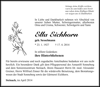 Traueranzeige von Ella Eichhorn von Südthüringer Presse