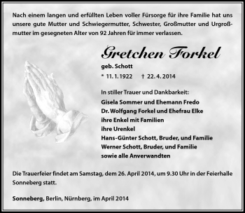 Traueranzeige von Gretchen Forkel von Südthüringer Presse