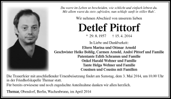Traueranzeige von Detlef Pittorf von Südthüringer Presse