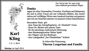 Traueranzeige von Karl kling von Südthüringer Presse