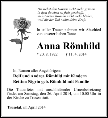 Traueranzeige von Anna Römhild von Südthüringer Presse