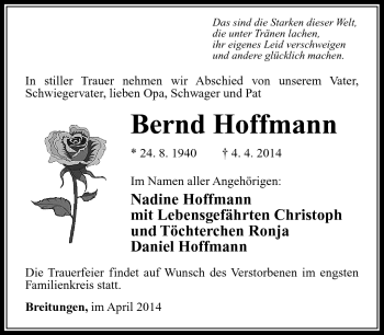 Traueranzeige von Bernd Hoffmann von Südthüringer Presse