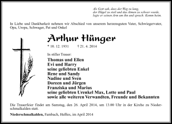 Traueranzeige von Arthur Hünger von Südthüringer Presse