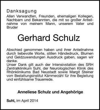 Traueranzeige von Gerhard Schulz von Südthüringer Presse