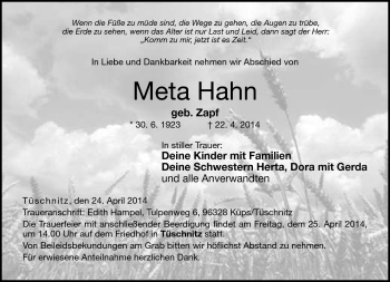Traueranzeige von Meta Hahn von Neue Presse Coburg
